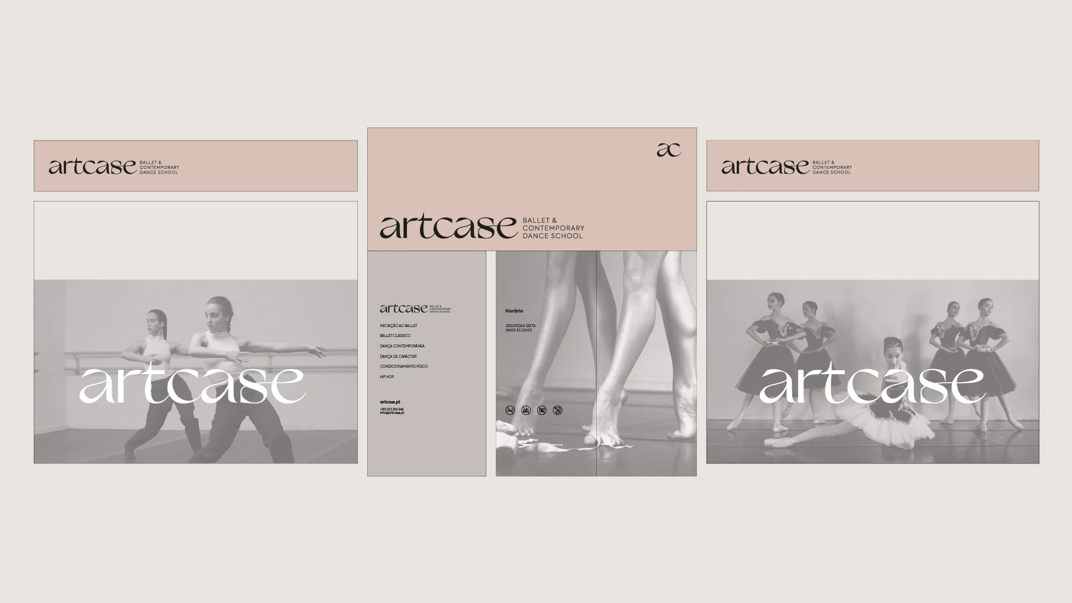 Projeto artcase da Nhdesign: Desenho técnico da montra da escola de ballet Artcase, com aplicação da identidade visual e imagens de dança.