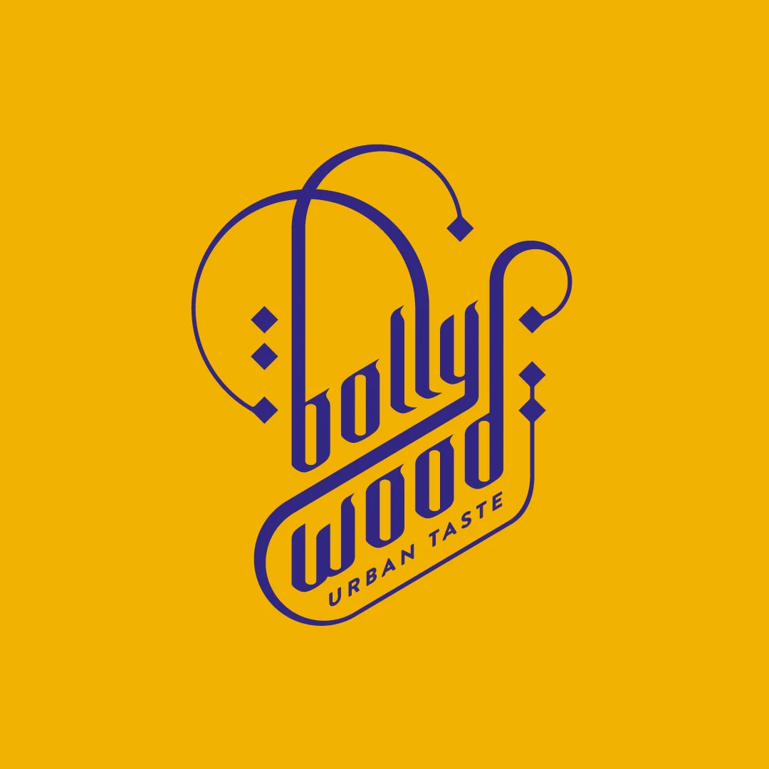 Projeto Bollywood da Nhdesign: Logótipo Bollywood em tipografia roxa sobre fundo amarelo