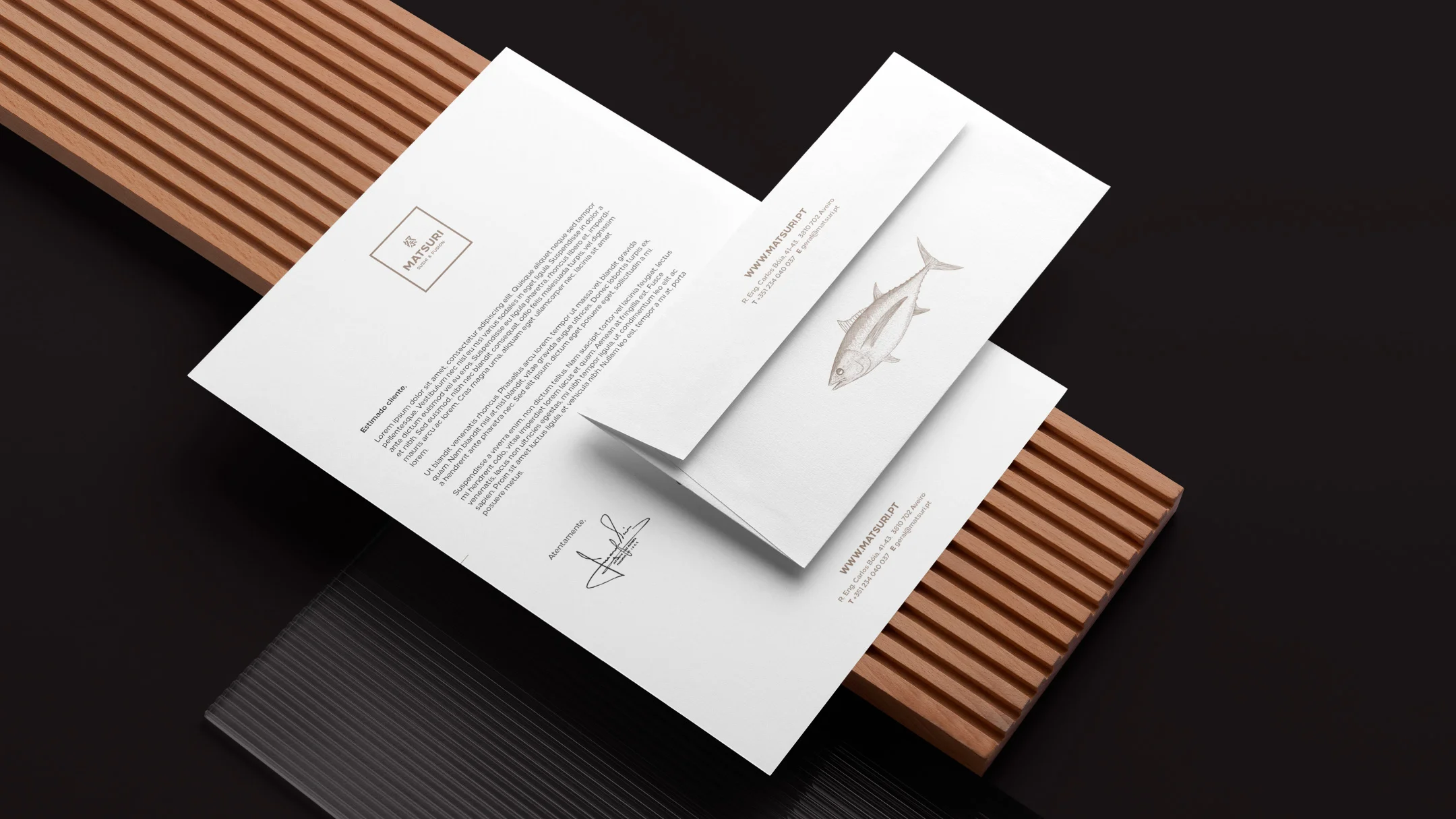 Nhdesign project Matsuri: A4 sheet and envelope featuring the Matsuri visual identity