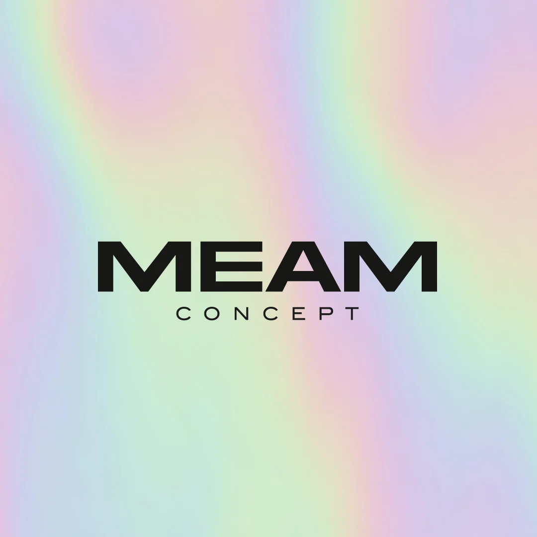 Projeto Meam Concept da Nhdesign: Logo da Meam Concept sobre fundo holográfico