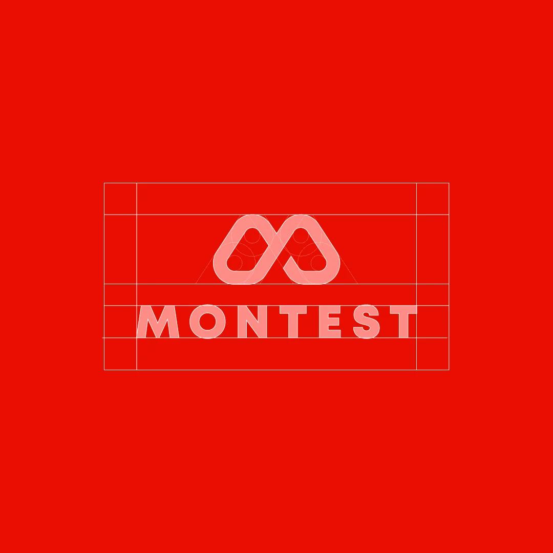 Projeto Montest da Nhdesign: Logótipo da Montest com grelha de construção em fundo vermelho.