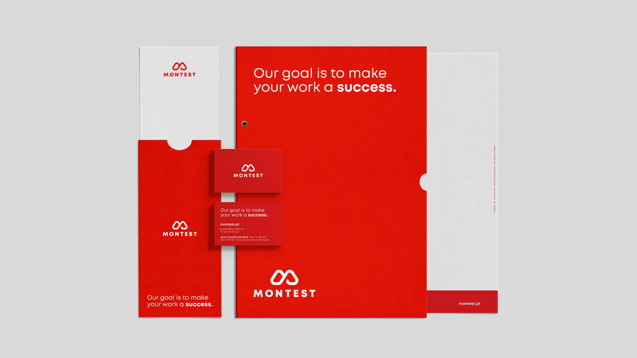 Projeto Montest da Nhdesign: Conjunto de materiais de papelaria da Montest em vermelho e branco.