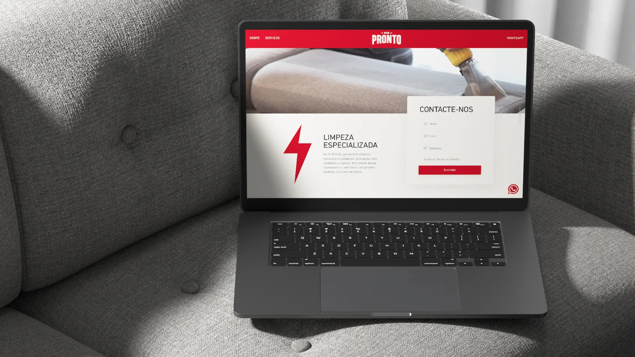 Projeto Mr Pronto da Nhdesign: Website da Mr Pronto, com apresentação dos serviços disponíveis e informações de contacto acessíveis para clientes