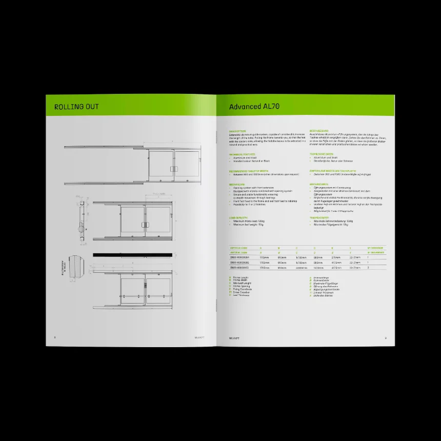 Projeto MUVV da Nhdesign: Catálogo aberto sobre fundo preto.