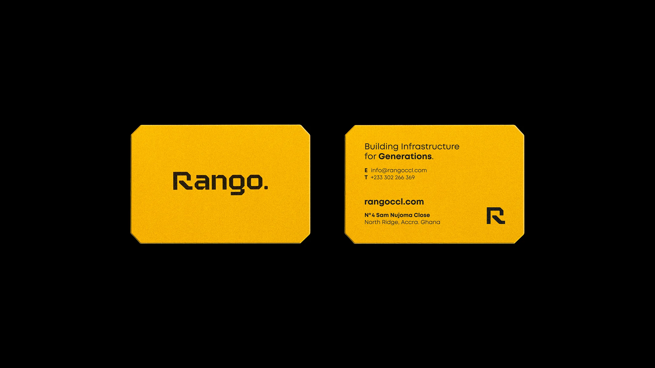 Projeto Rango da Nhdesign: Frente e verso do cartão da Rango sobre fundo preto.