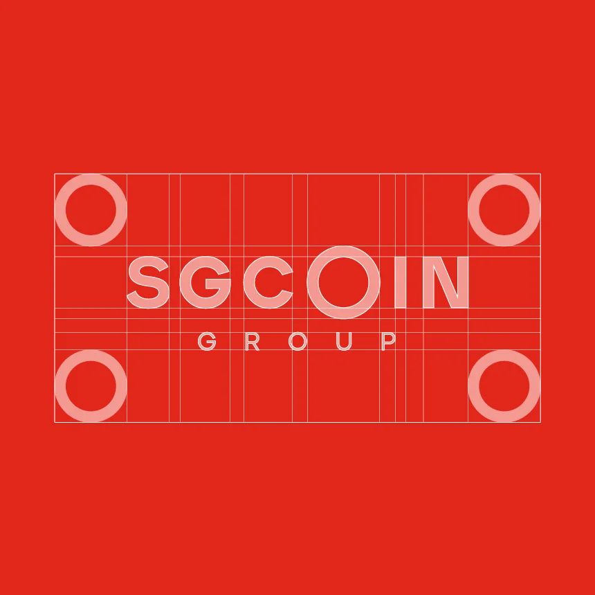 Projeto SGCoin da Nhdesign: Grelha de construção do logotipo da SGCoin sobre um fundo vermelho.