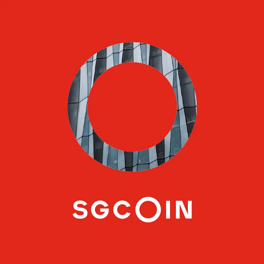Projeto SGCoin da Nhdesign: Símbolo da SGCoin com uma fotografia inserida e logótipo sobre um fundo vermelho.