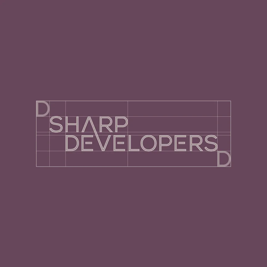 Projeto Sharp Developers da Nhdesign: Grelha de construção do logotipo da Sharp Developers sobre um fundo roxo.