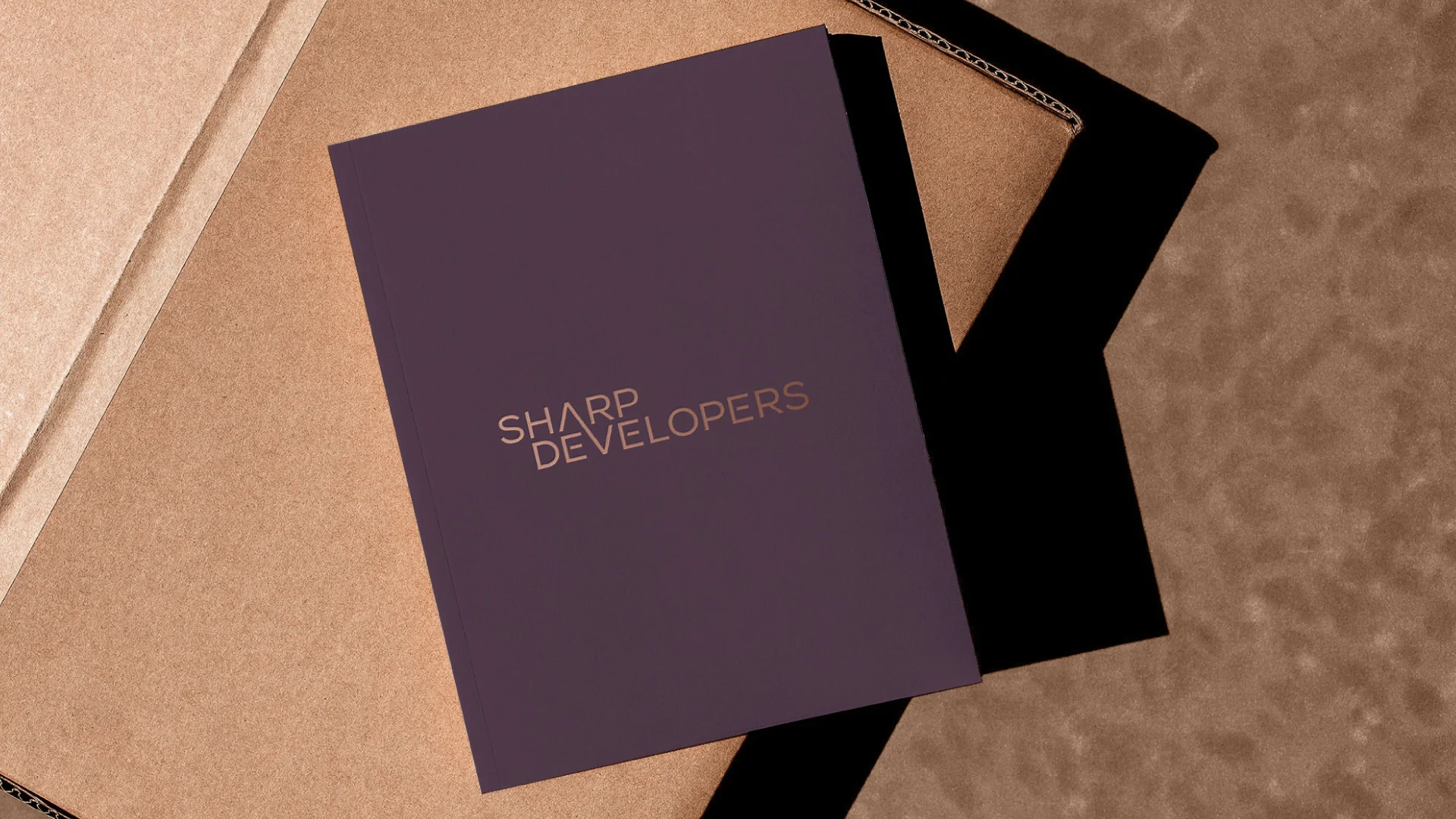 Projeto Sharp Developers da Nhdesign: Fotografia de um livro da Sharp Developers sobre uma caixa de cartão, com vista de topo.