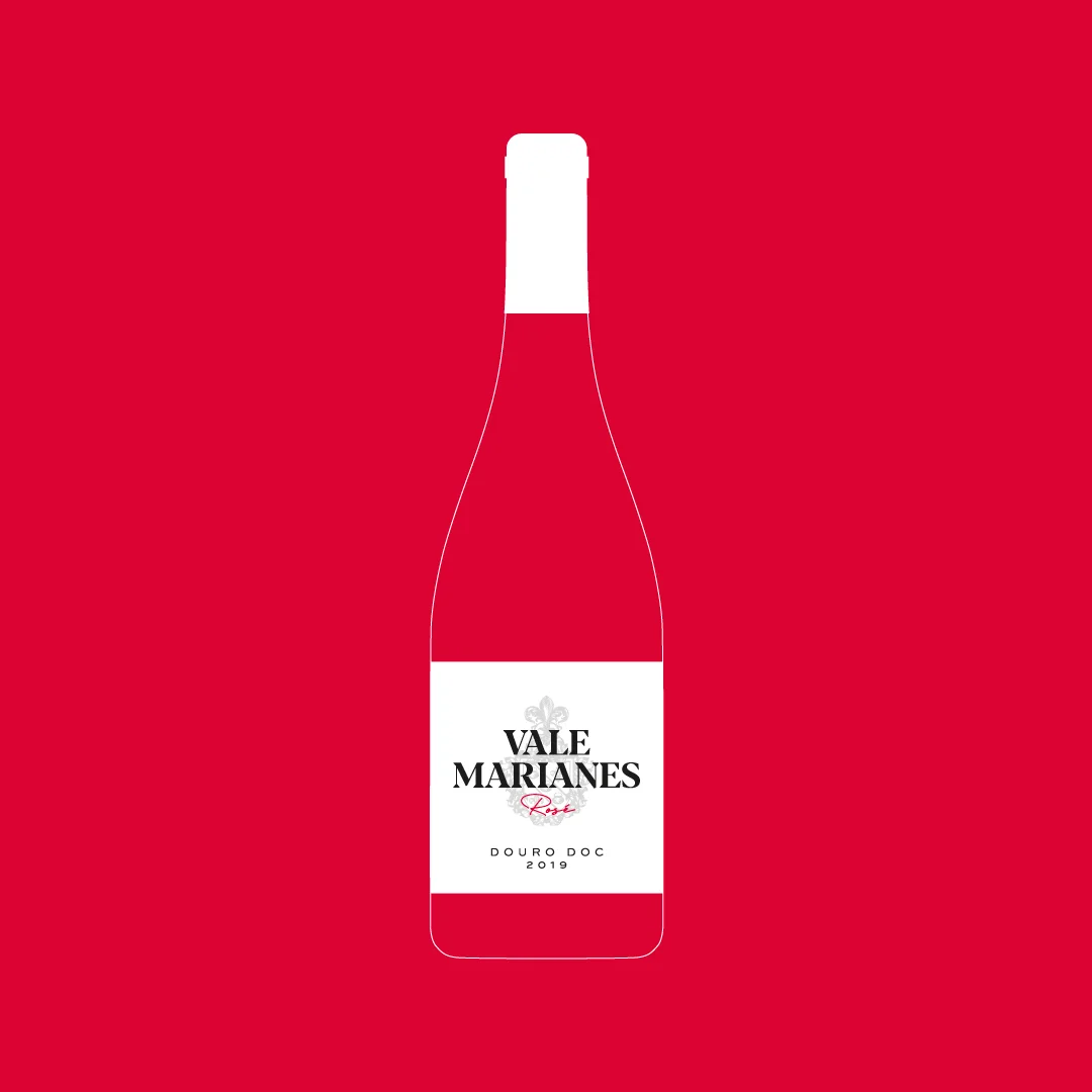 Projeto Vale Marianes da Nhdesign: Ilustração estilizada da garrafa de vinho rosé Vale Marianas sobre fundo vermelho.