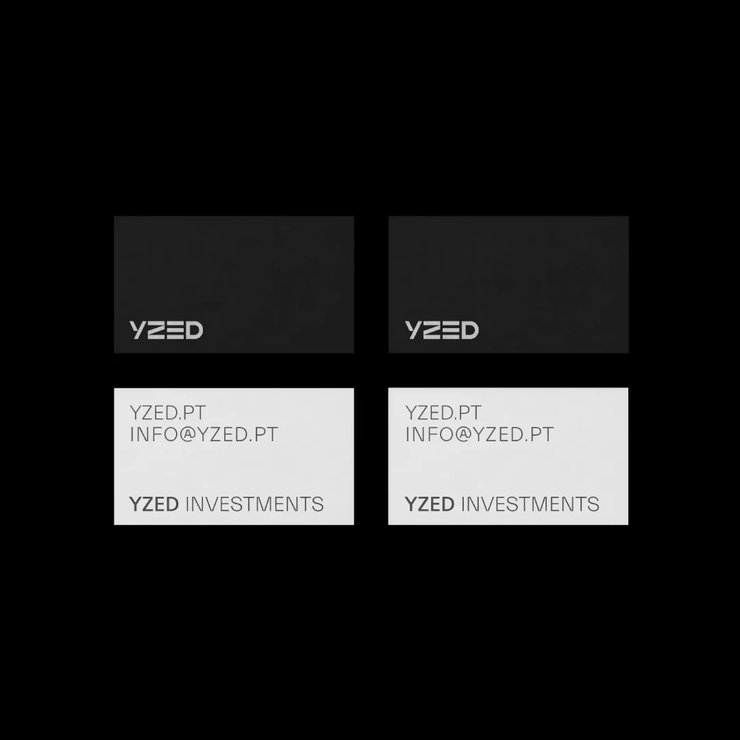 Projeto Yzed Investments da Nhdesign: frente e verso do cartão visita da YZED sobre fundo preto
