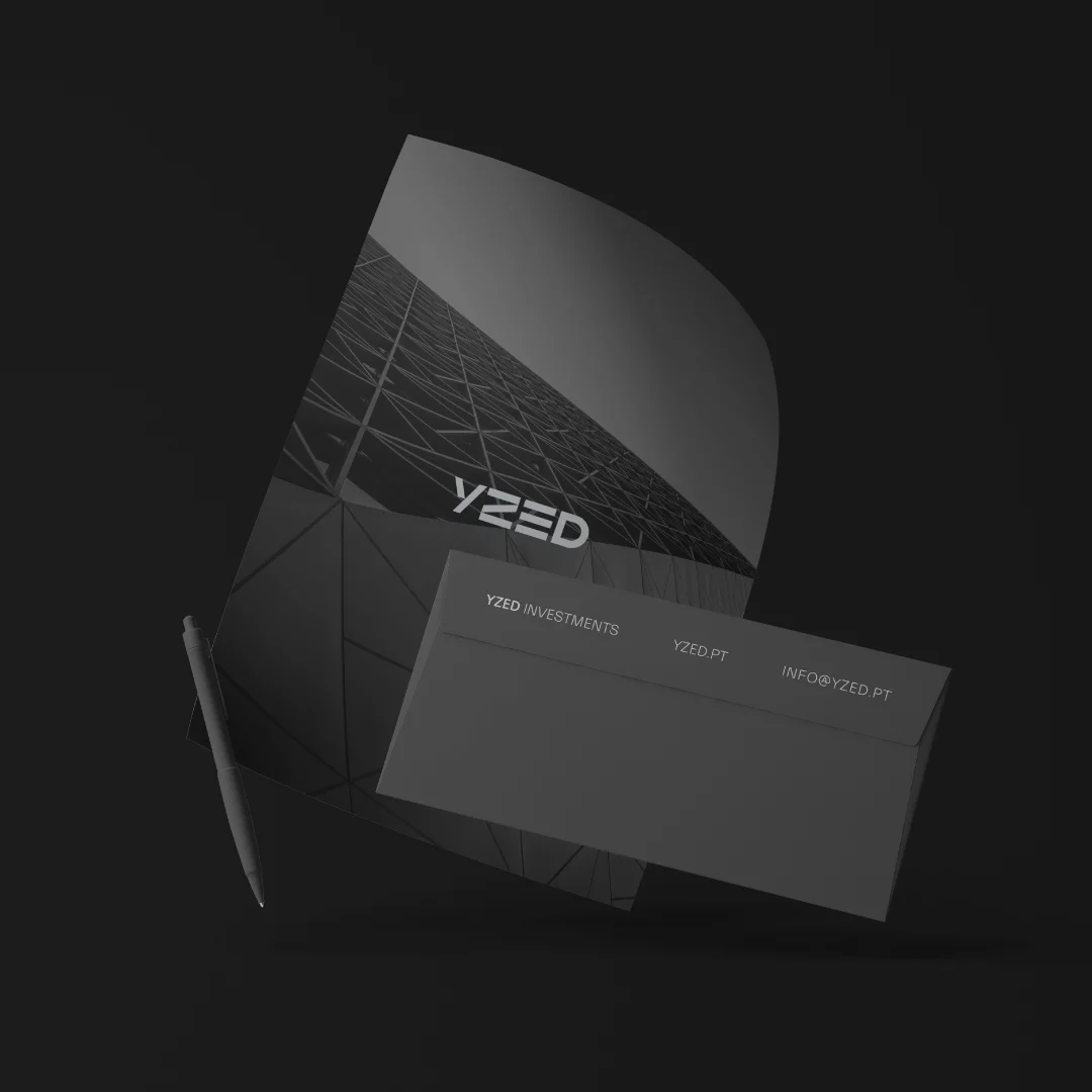 Projeto Yzed Investments da Nhdesign: estacionário da YZED sobre fundo preto.