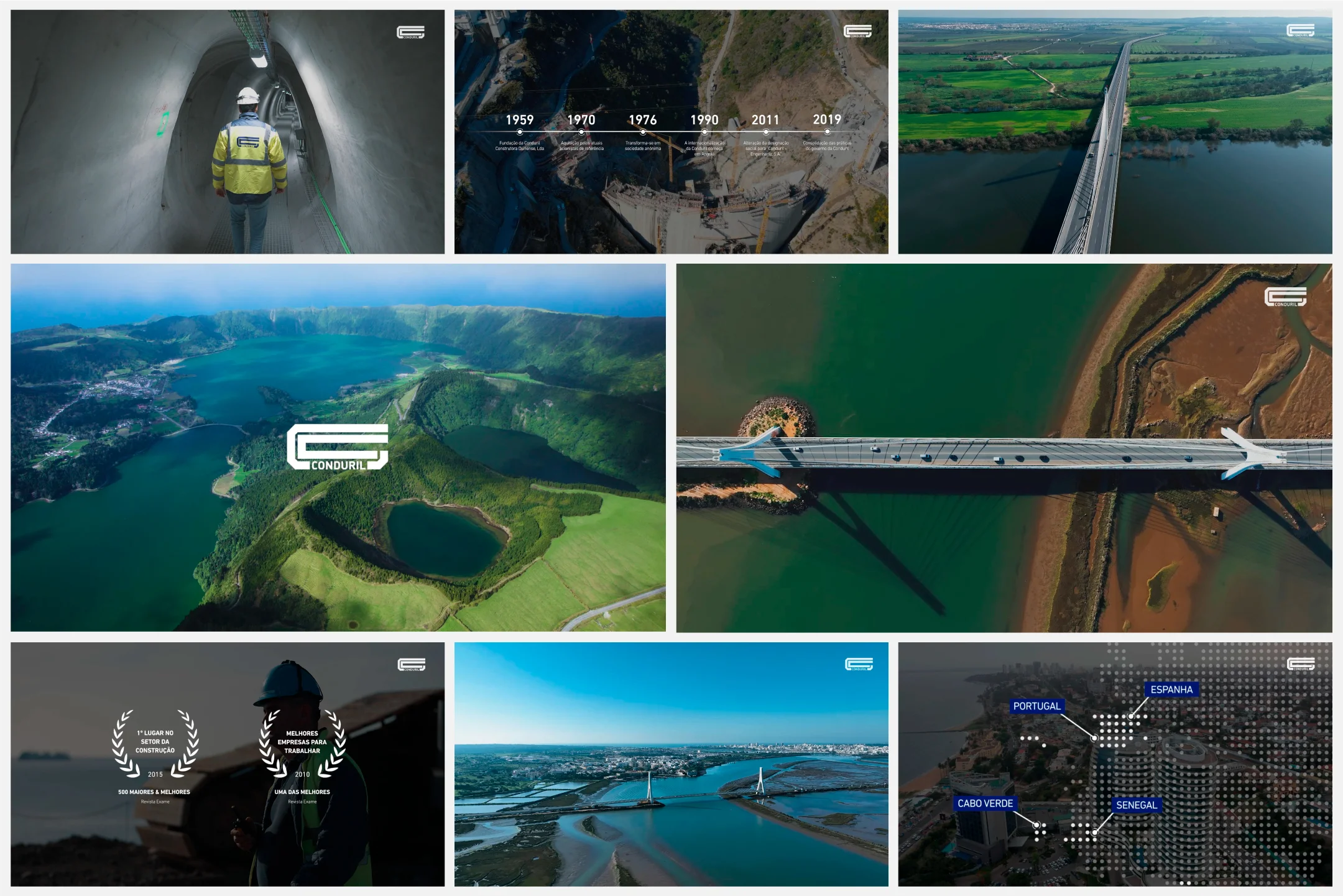 Projeto Conduril 2024 da Nhdesign: Conjunto de frames que sintetiza os projetos, a diversidade geográfica e a escala de intervenção
