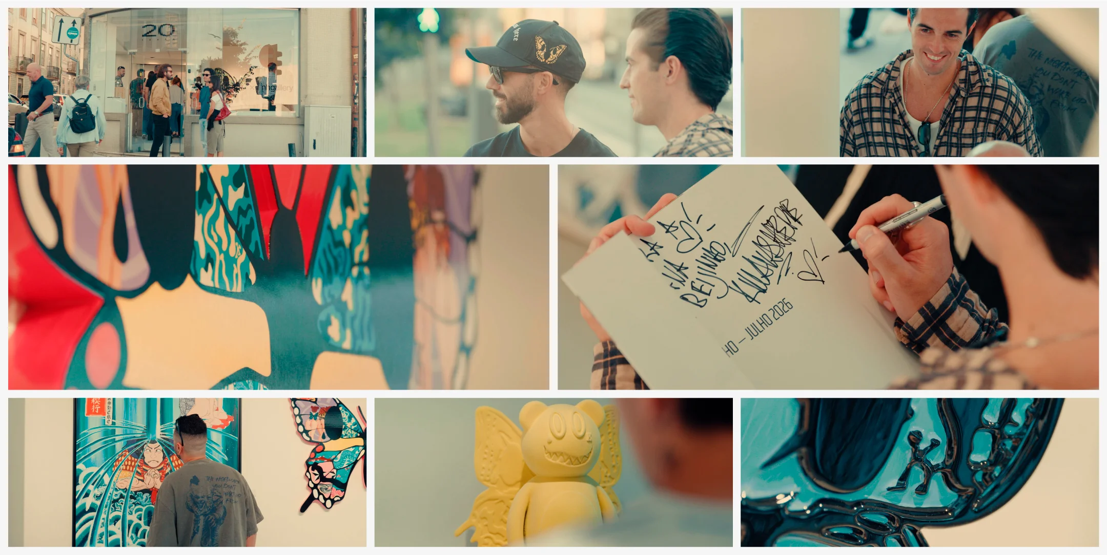 Projeto Killa Was Here da Nhdesign: Seleção de fotogramas do vídeo da exposição Killa Was Here na Nhgallery, com registos do artista, visitantes e obras expostas