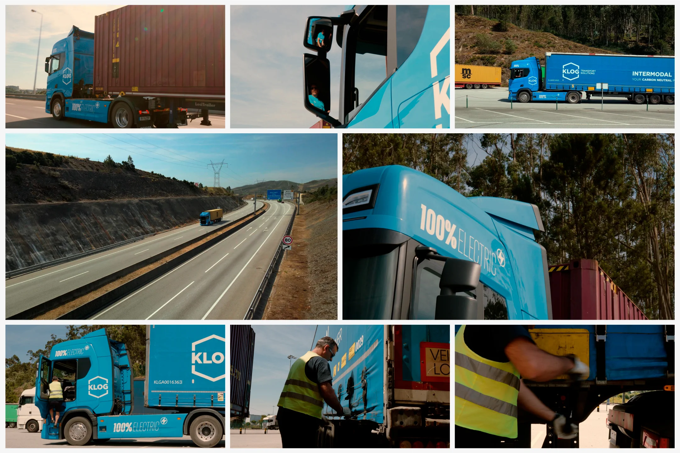 Projeto KLOG — 100% Elétrico da Nhdesign: Seleção de frames que acompanha o camião elétrico da KLOG em diferentes momentos da operação