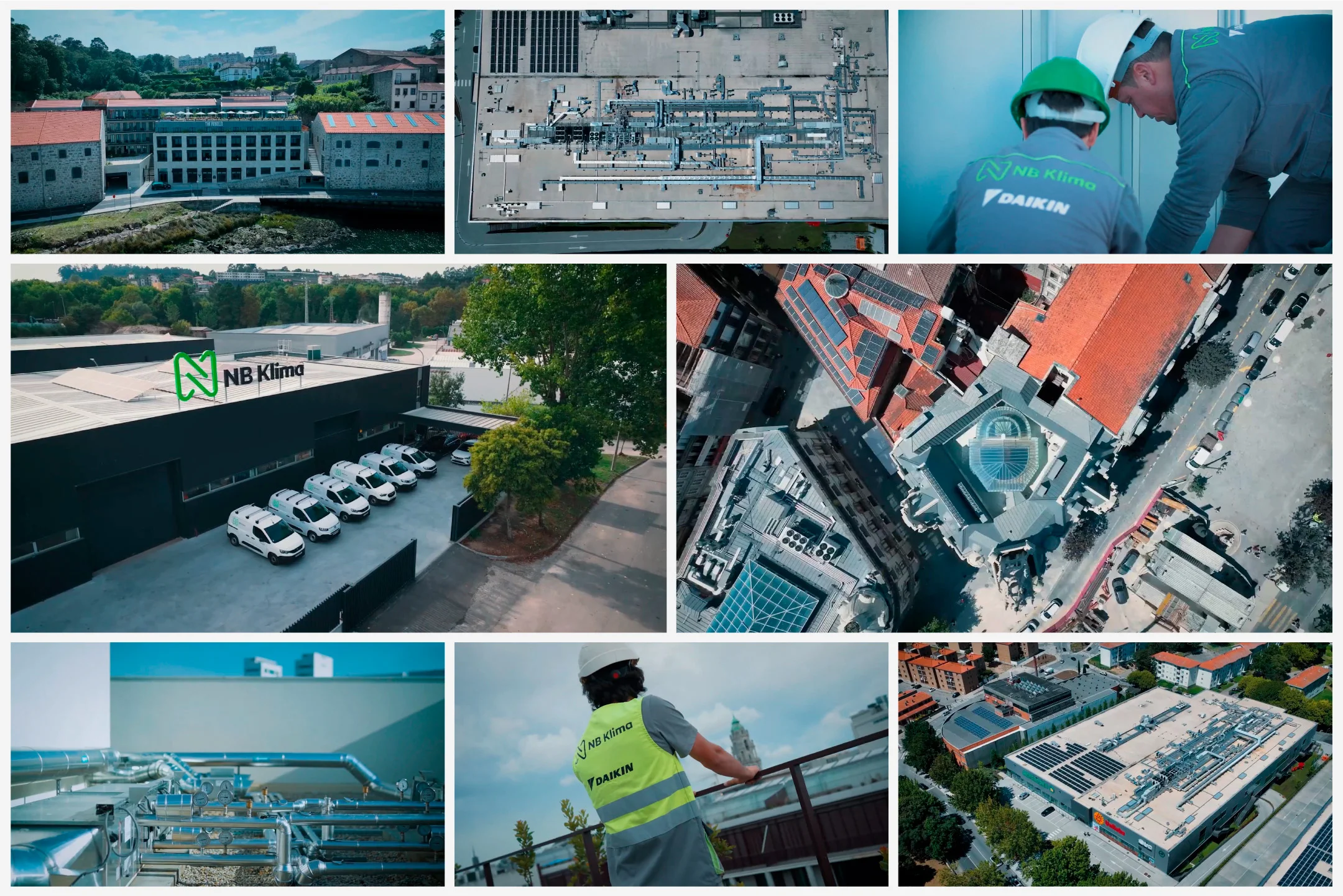 Projeto NB Klima 2025 da Nhdesign: Conjunto de imagens que apresenta diferentes obras, sistemas técnicos e intervenções realizadas pela NB Klima