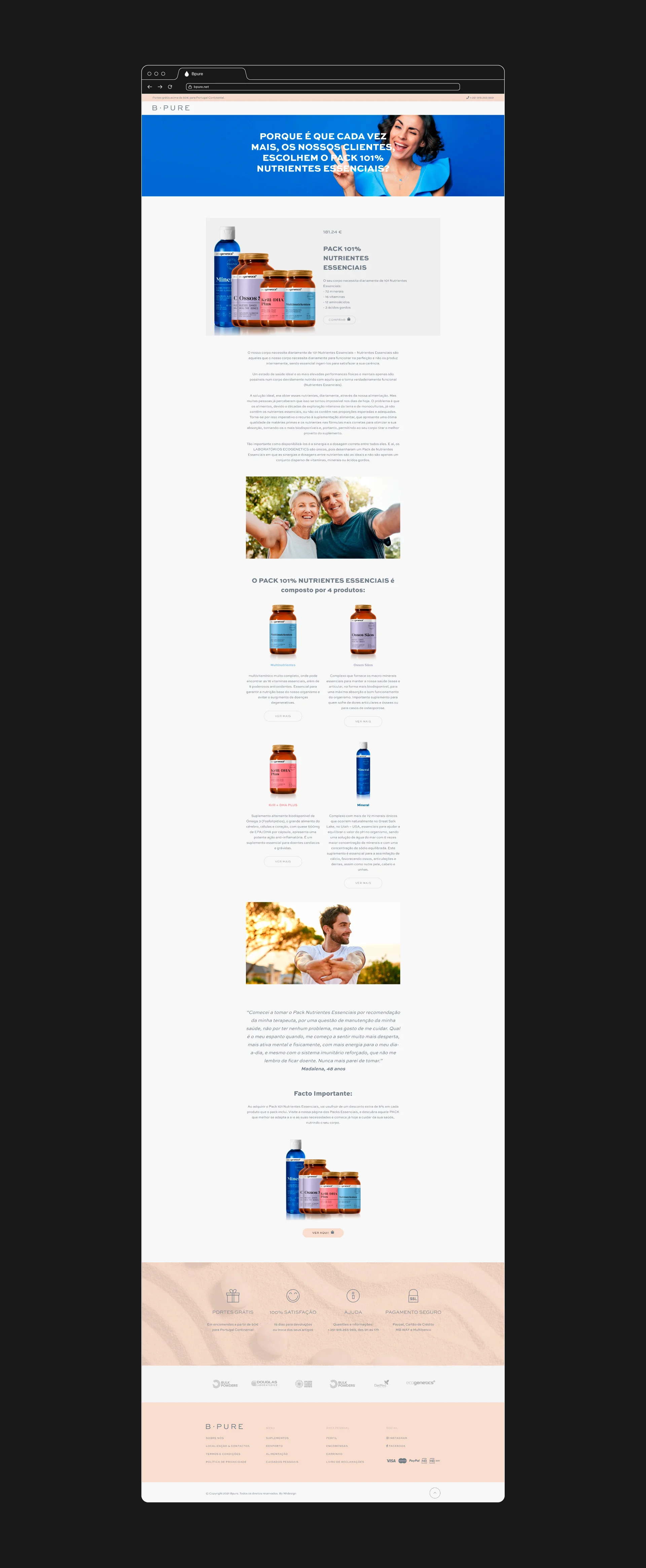 Projeto Bpure da Nhdesign: página completa do website da Bpure sobre fundo preto