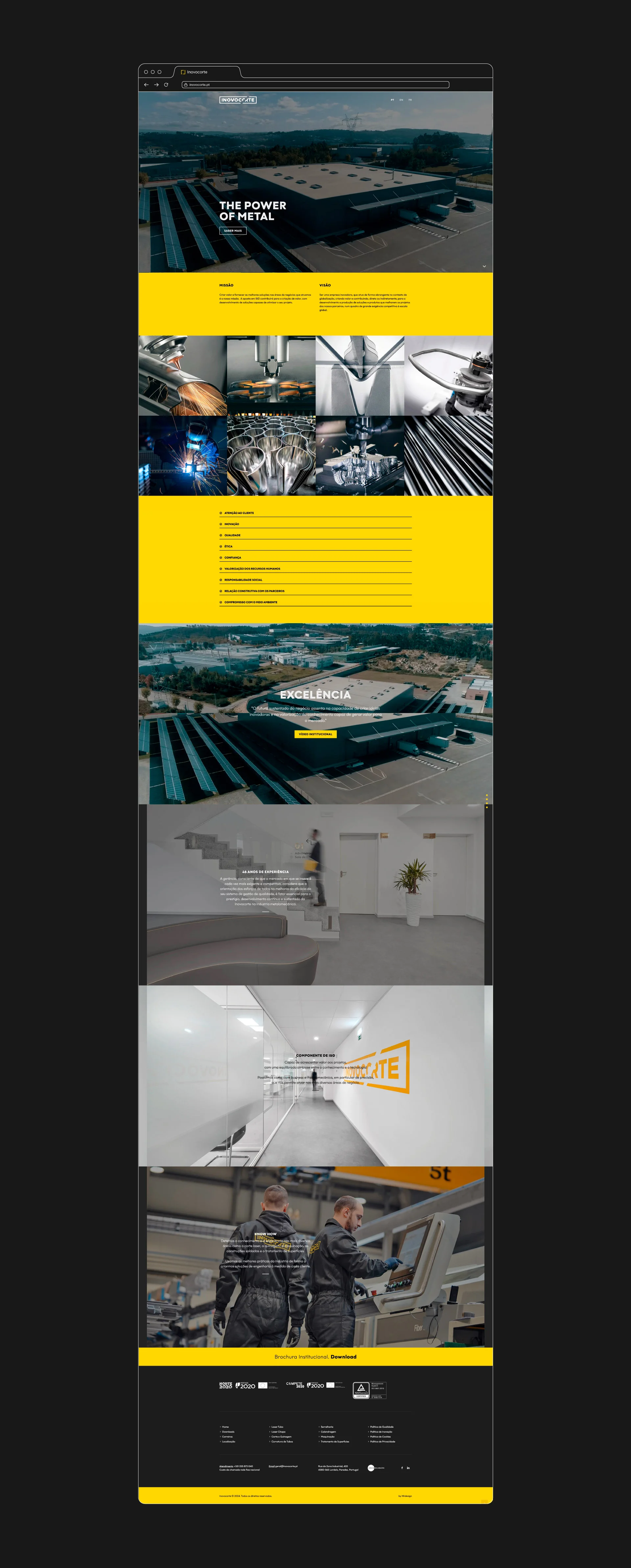 Projeto Inovocorte da Nhdesign: página completa do website da Inovocorte sobre fundo preto