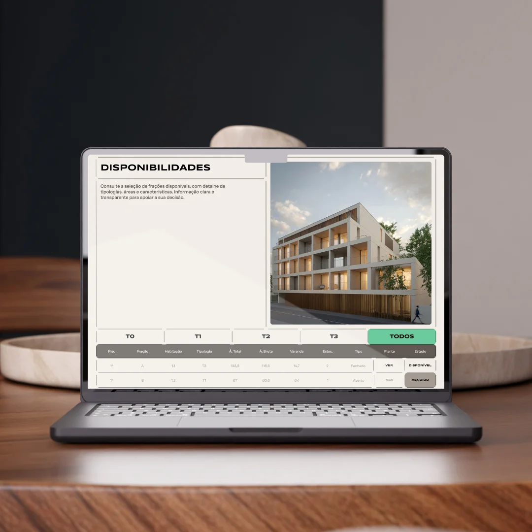 Projeto Prestige Living da Nhdesign: Área do website dedicada à consulta das frações e tipologias disponíveis no Prestige Living